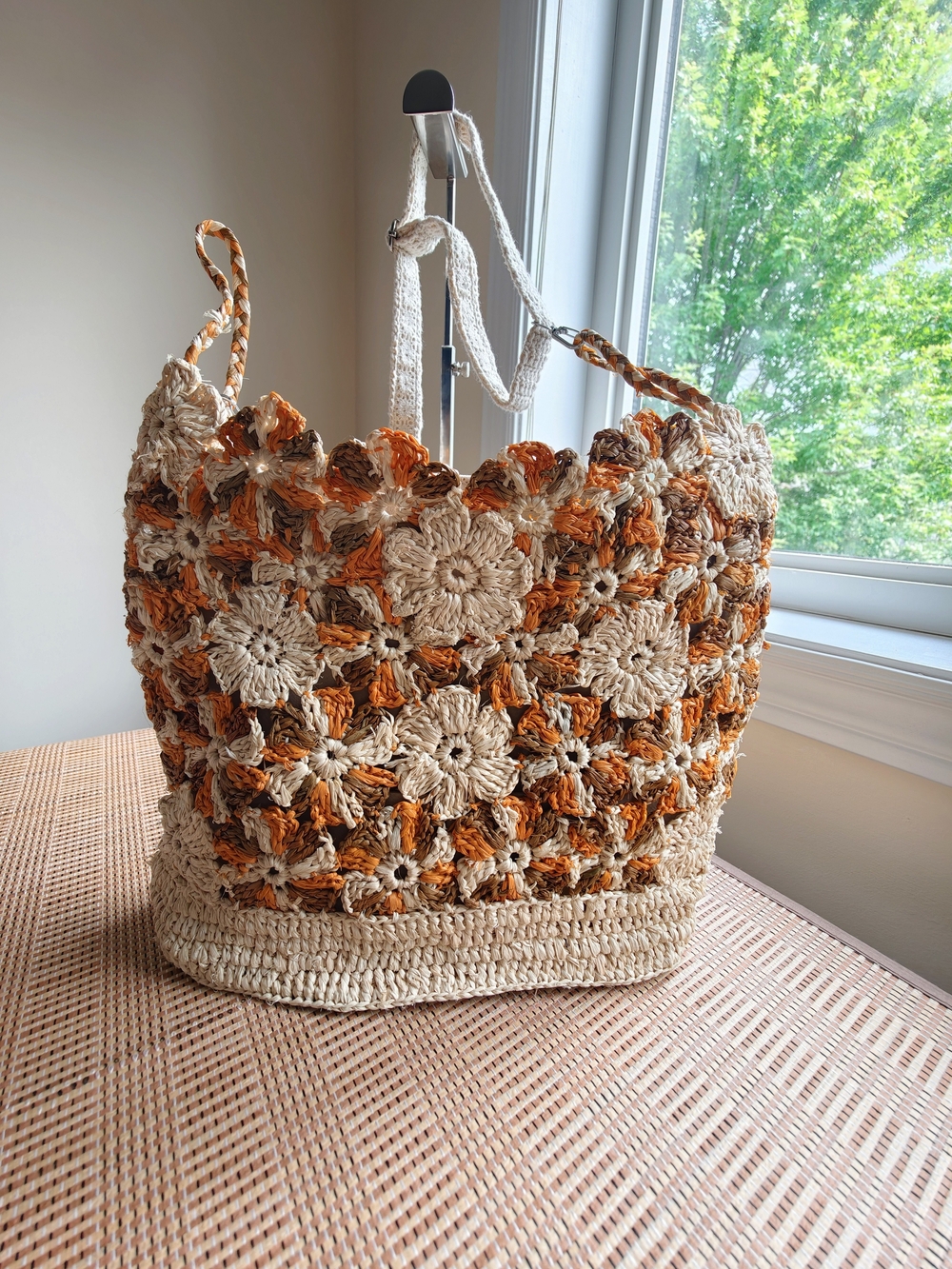 Handmade Raffia Crochet Floral Tote Bag in Cream & Mustard